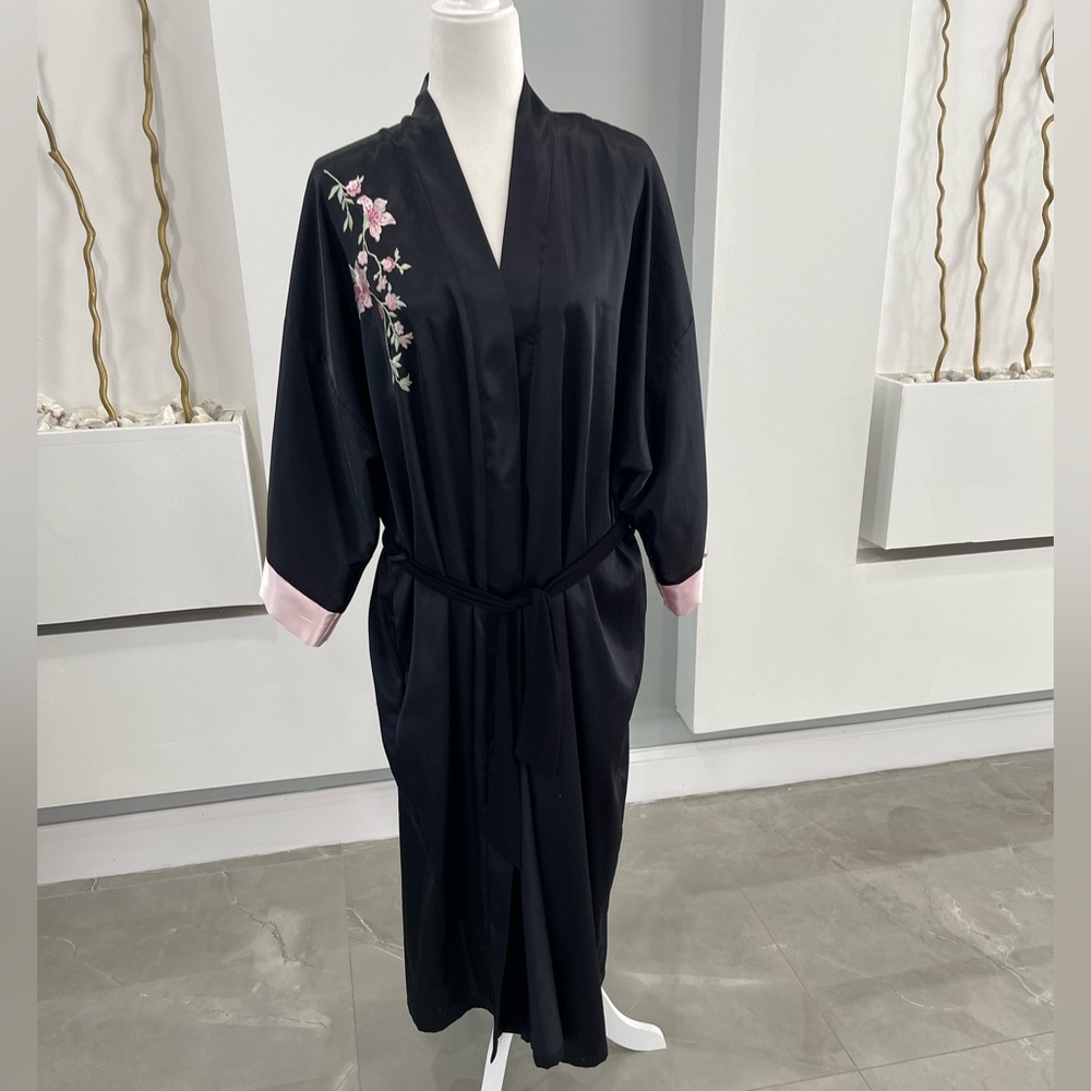delicates Black Robe with Pink Floral Embroidery
